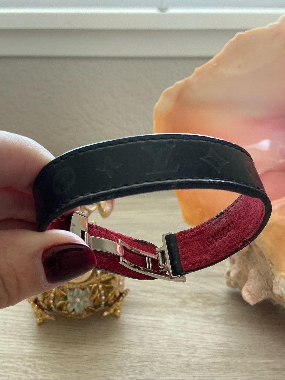 Louis Vuitton Black Leather Flower Snap Bracelet with Red Lining - Picture 7 of 7
